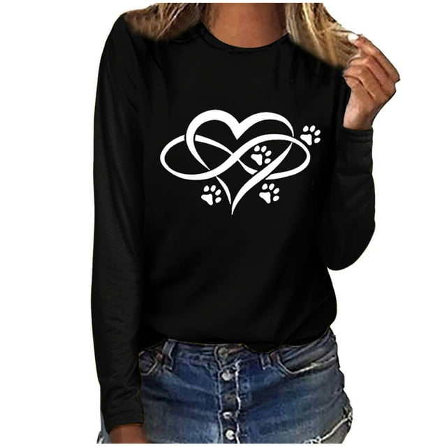 Besolor Tuniques Automne Printemps pour Femmes 2024 Imprimé Cœur Col Rond Manches Longues Chemises Décontractées Amples Blouse Tee