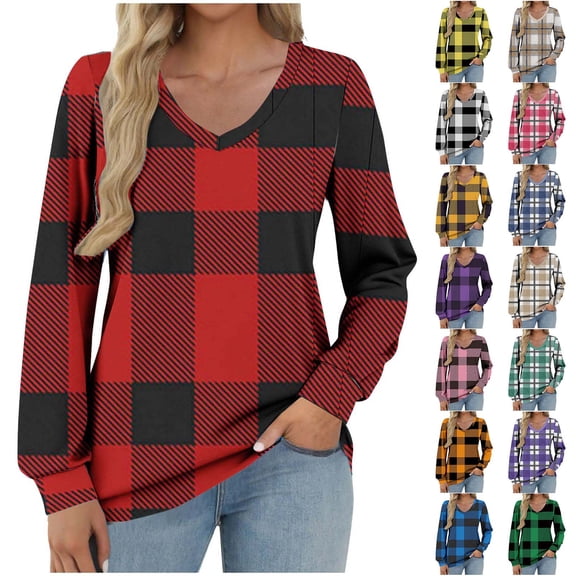 Horkkom Long Sleeve Blouses for Women V Neck Plaid Shirts, Spring Casual Loose Tops L