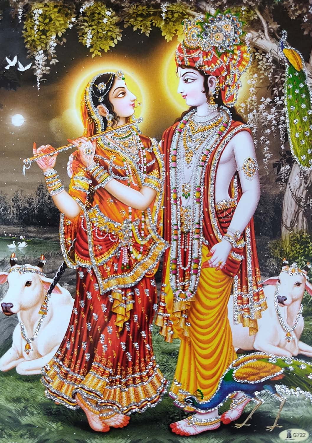 Radha Krishna Poster/ Reprint Hindu God Picture with Glitter(Unframed