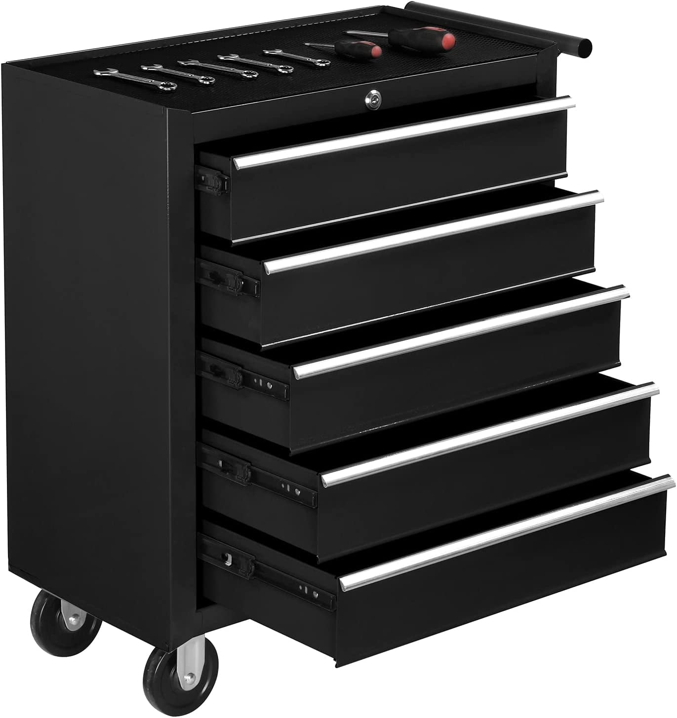 TUFFIOM 5-Drawer Rolling Tool Chest w/Lock & Key, Tool Storage Cabinet with Wheels, Top Cushion & Drawer Liners, Tool Organizer Box for Garage, Warehouse & Repair Shop