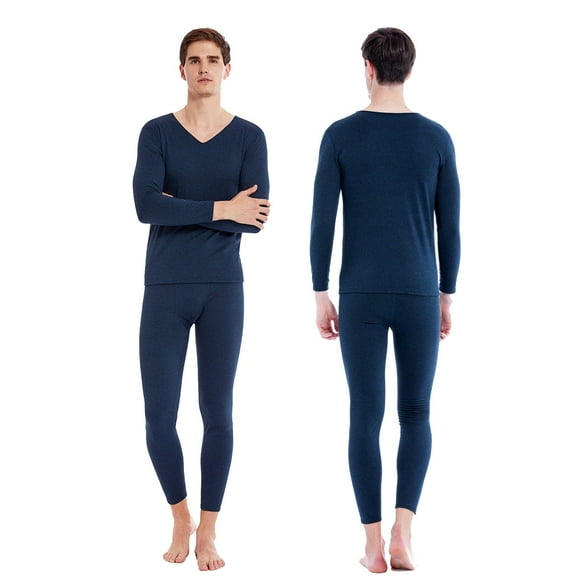 Lovskoo 2024 Long Johns Thermal Underwear for Men Fleece Lined Round Neck Solid Color Winter Warm Tops and Bottom Set Base Layer for Cold Weather Blue