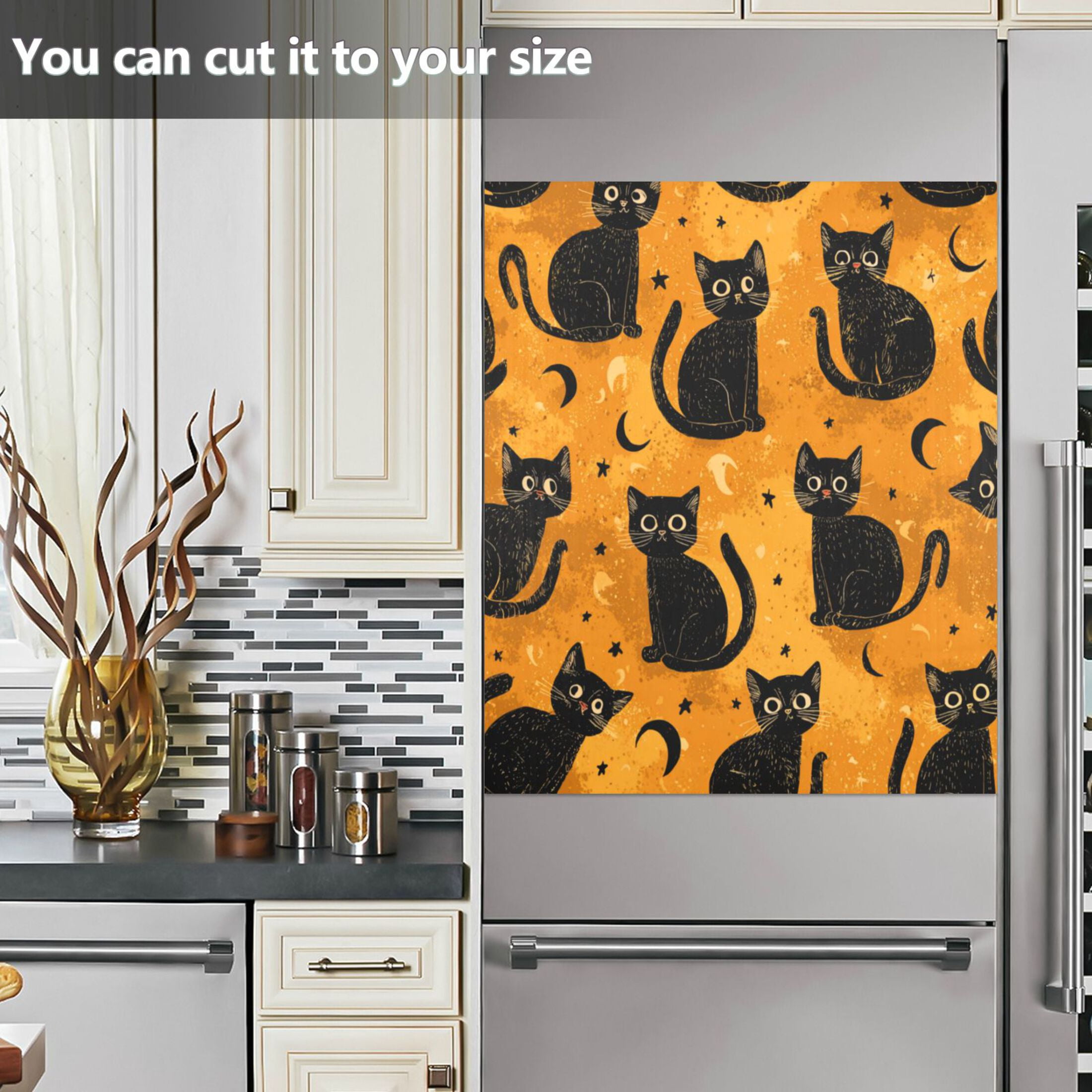 Dishwasher Magnetic Refrigerator Magnet Cover Sticker Home Decorative 23"x26" Repeating Mysterious Black Cat Pattern