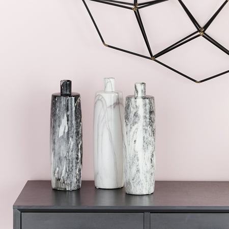 White Cylinder Bottle - CosmoLiving Handmade Tall Cylindrical Ceramic Bottle Vases with Glossy Black, White, Gray Marble Finishes | Set of 3: 4” x 13” Each