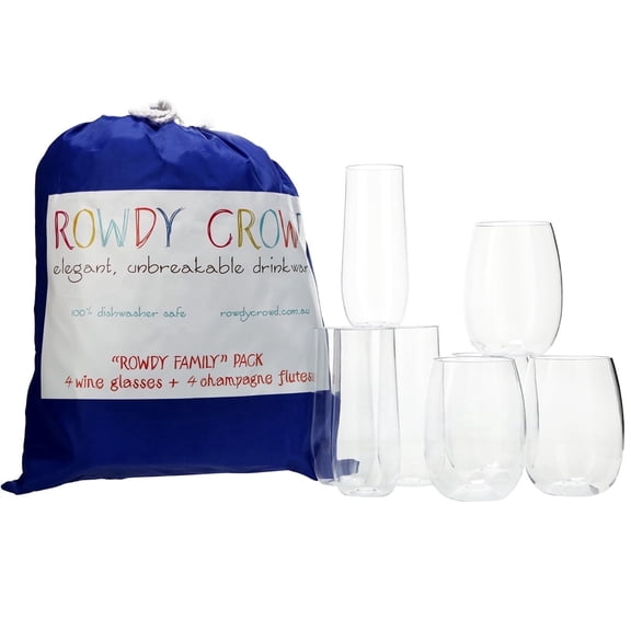 Rowdy Crowd Elegant Unbreakable Tritan Plastic Drinkware Set of 8 - Wine Tumblers & Champagne Flutes, Shatterproof BPA-Free Dishwasher Safe