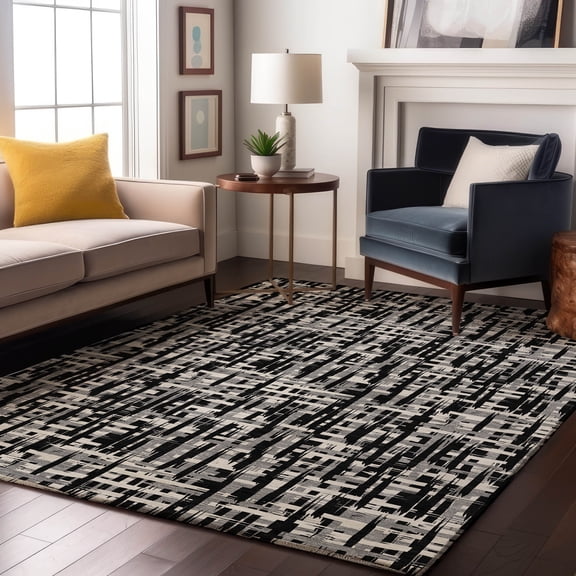 Addison Rugs Mayfield Premium Machine Washable Transitional Lines Black Rectangle Rug, 8' x 10'
