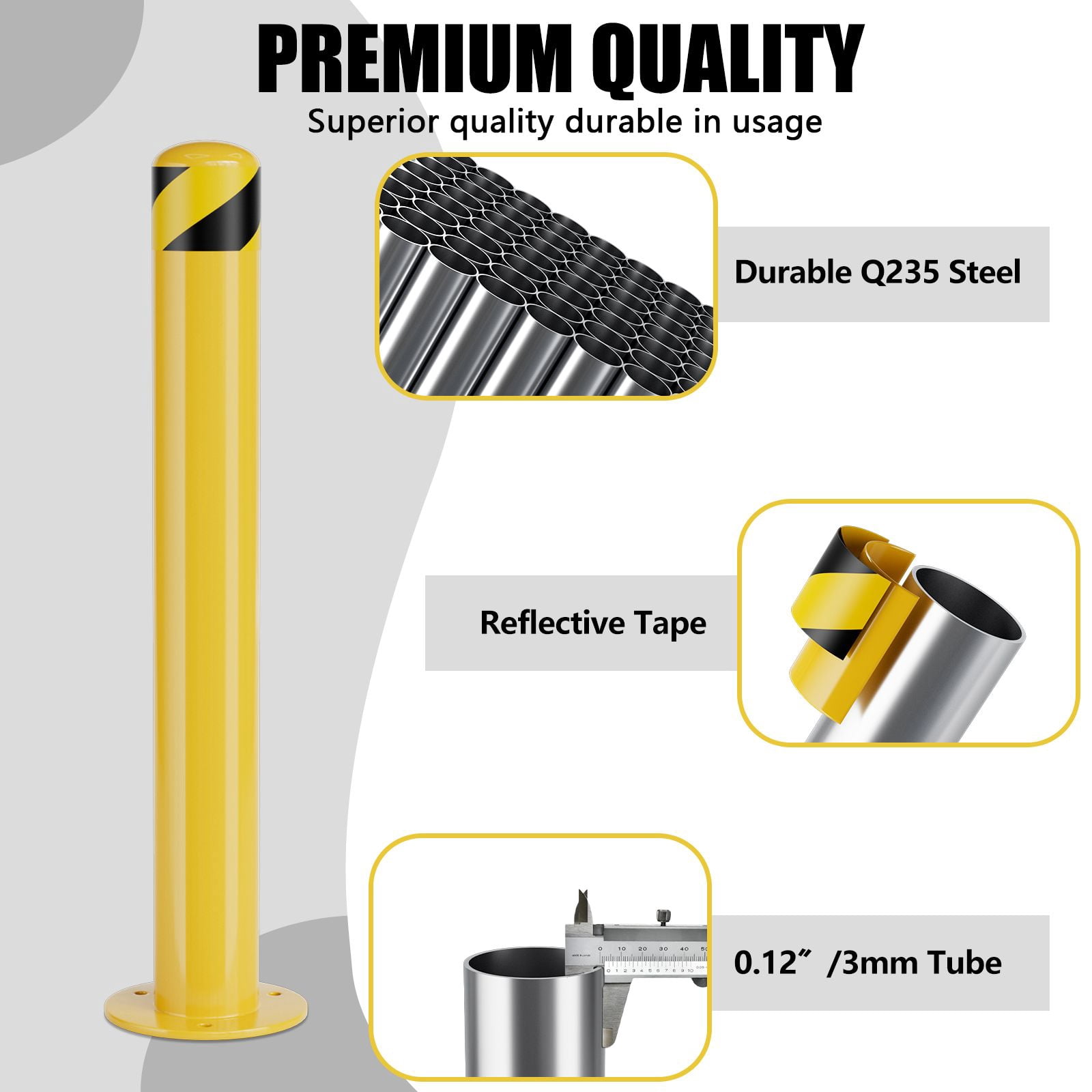Safety Bollard Post 36/42 inch Height Safety Bollard, 3/3.5 inch Diameter Powder Coated Steel Bollard Post, Industrial Yellow Bolt Down Bollards with Anchor Bolts, Parking Post