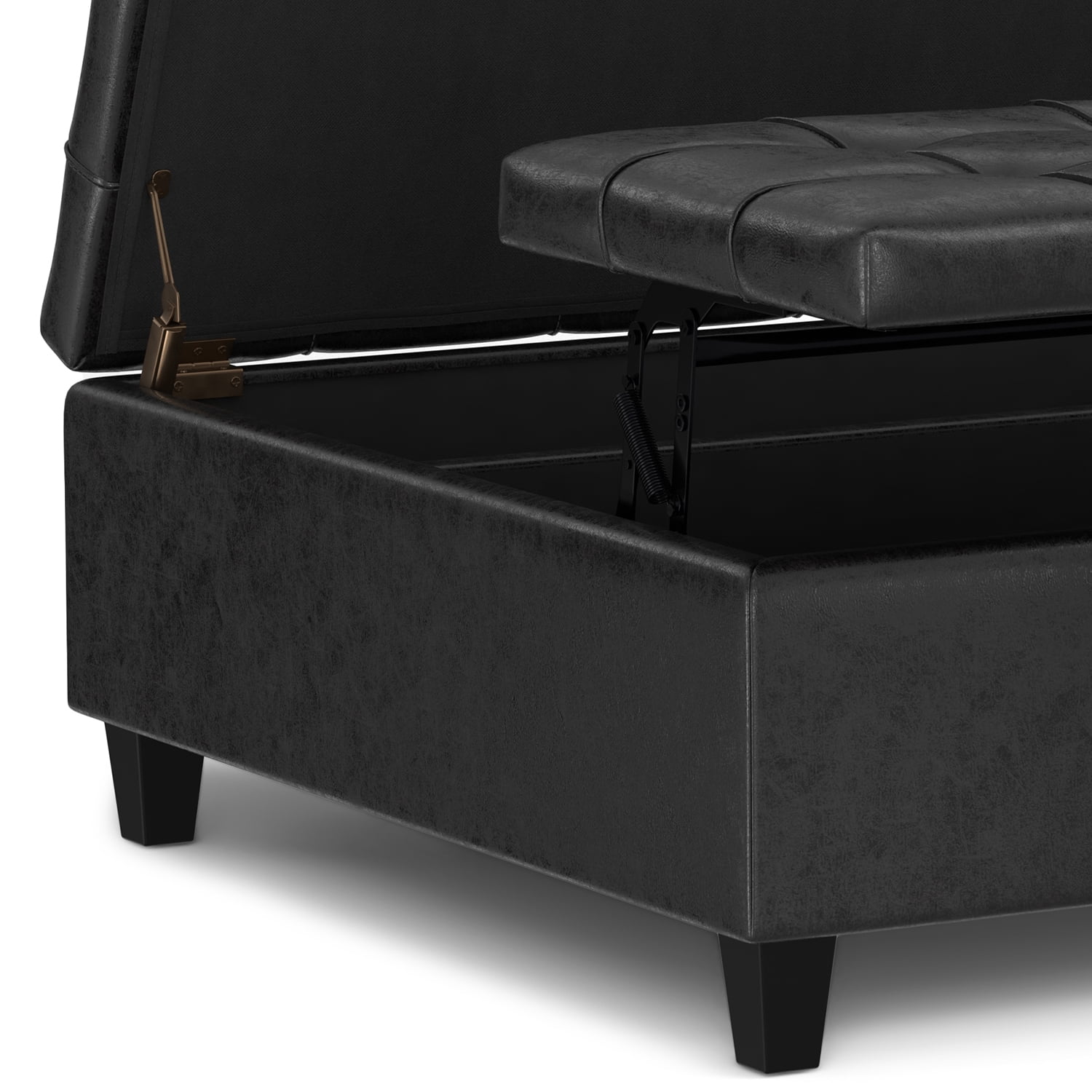 Simpli Home Harrison 40 inch Wide Transitional Square Large Coffee Table Storage Ottoman in Distressed Black Vegan Faux Leather