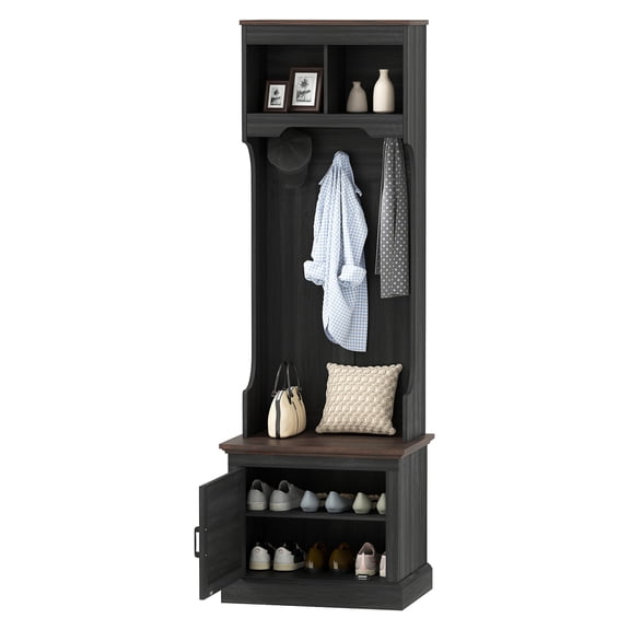 Hall Tree with Shoe Storage Coat Rack Bench - Entryway Organizer, 3-in-1 Farmhouse Style, 5 Hooks, Black Wood Grain