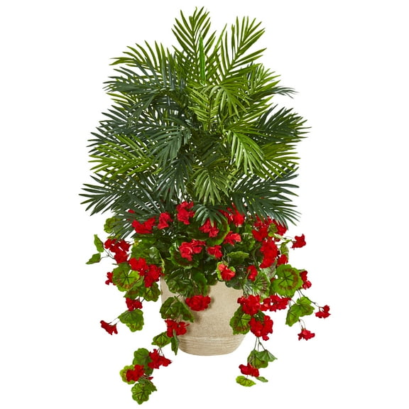 Nearly Natural 3.5' Plastic and Polyester Red Geranium & Areca Palm Artificial Plant