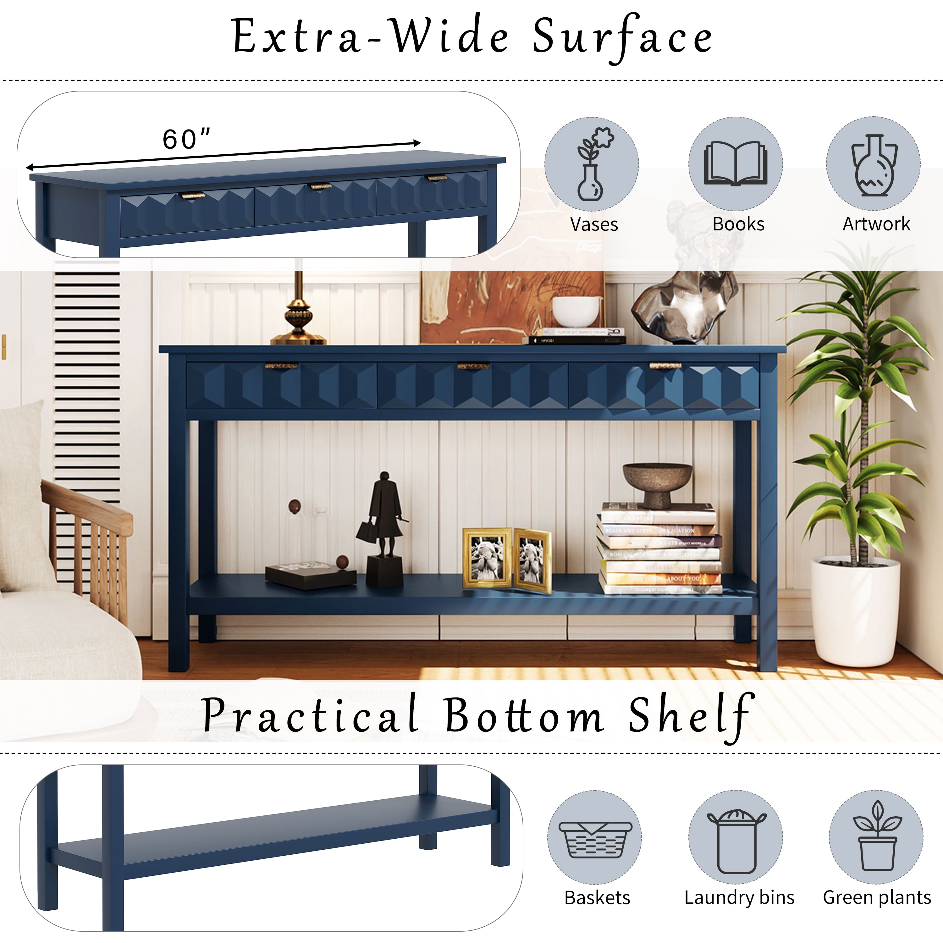 EUROCO 60" Modern Console Table,Narrow Long Sofa Table with 3 Drawers,Open Storage Shelf and Honeycomb Design,Hallway Foyer Table Behind Couch Table for Entryway, Living Room,Foyer,Navy Blue