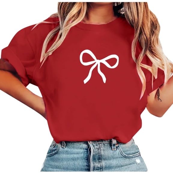 Ltctricy Tops for Women Trendy Short Sleeve Crew Neck Bow Printed T-Shirts Casual Graphic Tees Loose Fit Blouses