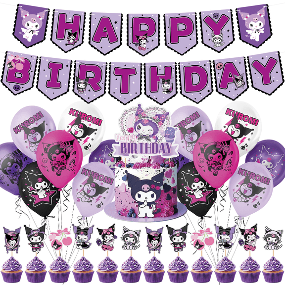 28 PCS For Kuromi Cartoon Themed Party Decorations and Favors Set – Banner, 14 Balloons and 13 Cupcake Toppers for Celebration Birthday Parties Supplies
