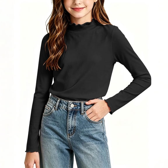 Girls Ruffle Mock Neck Thermal Shirt Long Sleeve Base Layer Tops, Soft Stretch Warm Pullover Slim Undershirt for Fall Winter Casual Daily Layering 12-13Y