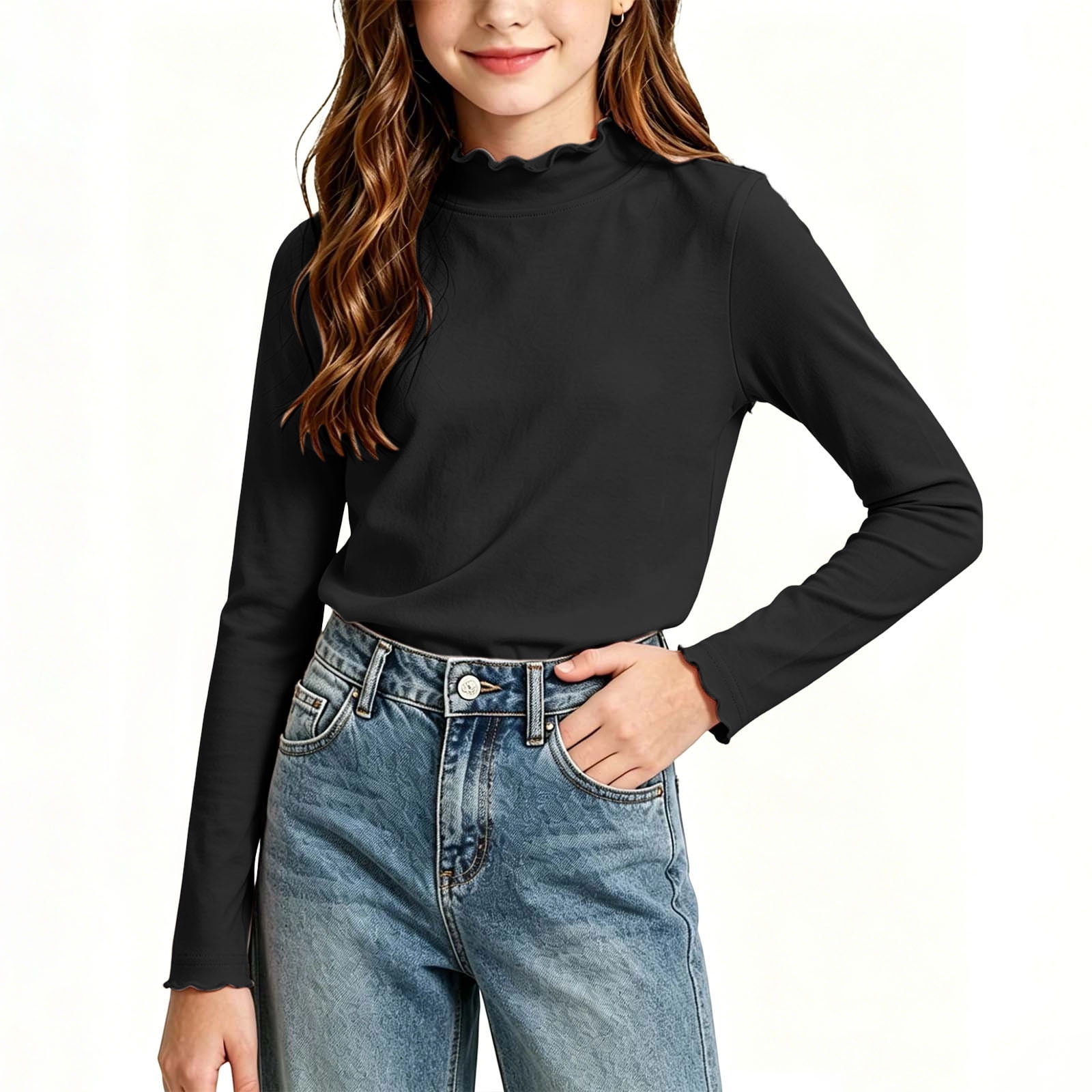 Girls Ruffle Mock Neck Thermal Shirt Long Sleeve Base Layer Tops Soft Stretch Warm Pullover Slim Undershirt for Fall Winter Casual Daily Layering 2-3Y