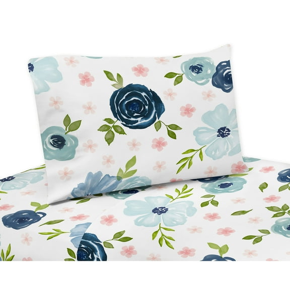 Sweet Jojo Designs Watercolor Floral Blue Pink and White 4 Piece Queen Size Sheet Set - 4 piece