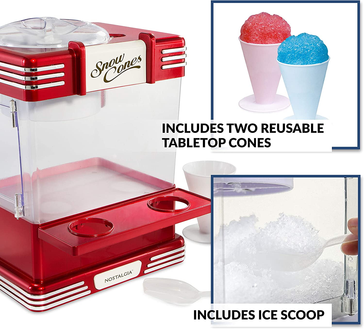 Countertop Snow Cone Maker Makes 20 Icy Treats, Includes 2 Reusable Plastic Cups & Ice Scoop, Retro Red