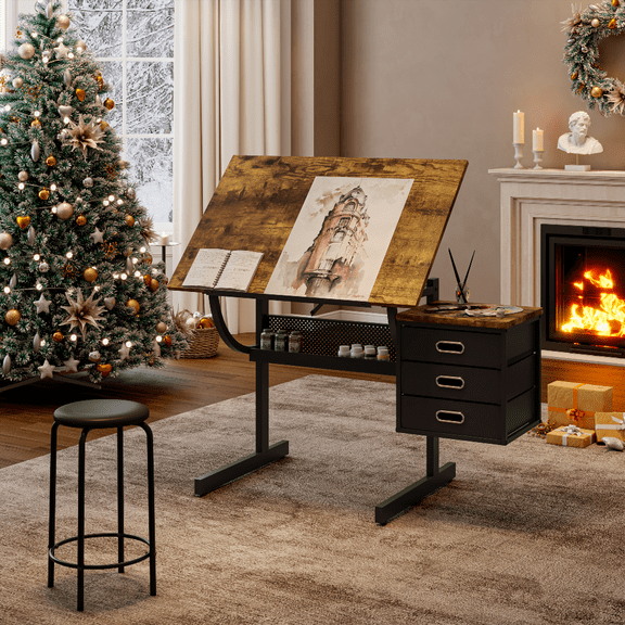 Black drafting drawing table having 3 drawers & a stool, top adjustable from 0 to 75 degrees