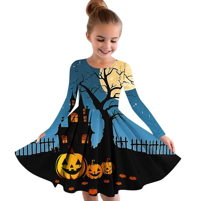 Robe Fille Manches Longues Col Rond 4-14 Ans Enfants et Filles Robe Princesse Imprimée Halloween Manches Longues Col Rond Multicolore 140