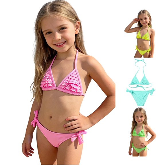 XIYON Toddler Kids Girls Swimsuit 2 Piece Sleeveless Halter Neck Solid Color Layered Ruffle Trim Top And Bottoms Comfortable Swimwear For Beach Pool Party,Pink,7-8 Years