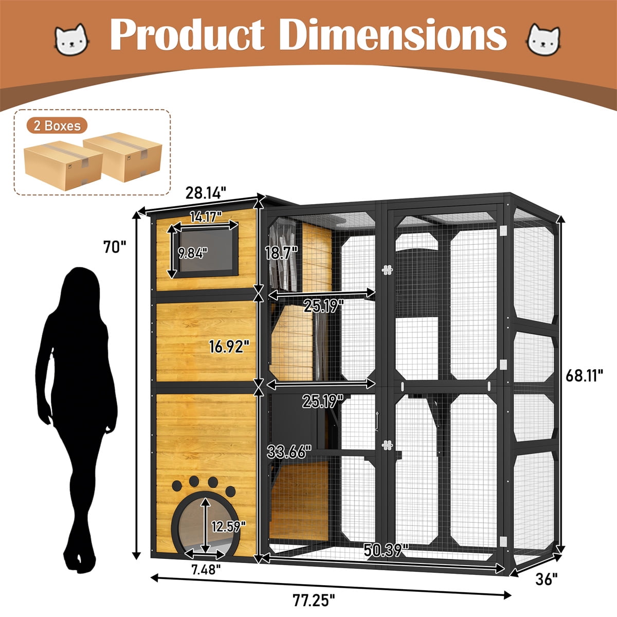 YIORTWO Large Outdoor Catio, 4-Tier Wooden Cat Enclosure Attached to Window, Weatherproof Cat House with Platforms & Resting Rooms, Brown&Black
