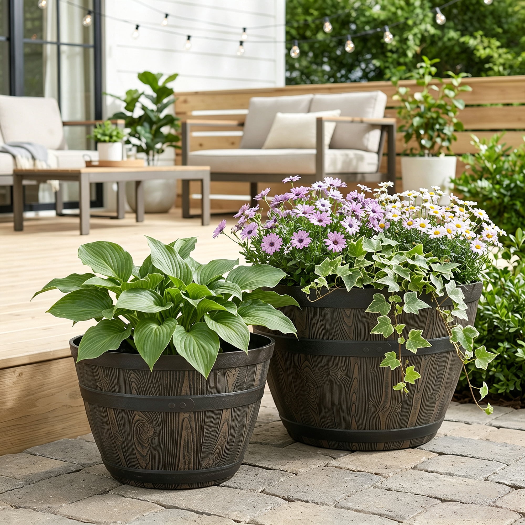 Better Homes & Gardens Whiskey Barrel Round Recycled Resin Planter, Brown, 19.9 in x 19.9 in x 13 in