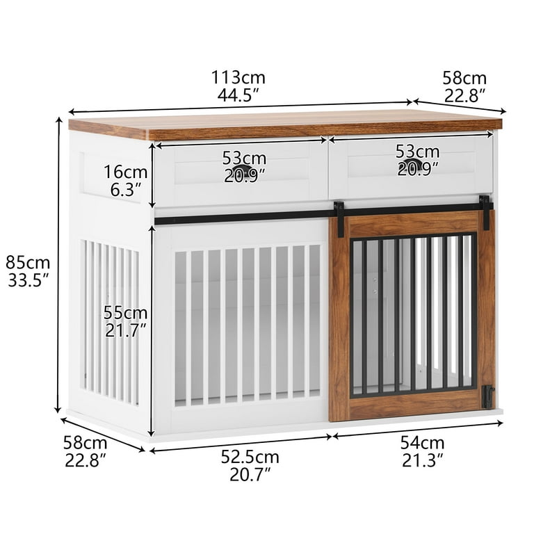 Royard Oaktree Wood Dog Crate with Barn Door Furniture Style Dog Crate Side Cabinet with 2 Storage Drawers 44.5 Farmhouse Dog Kennel for Medium