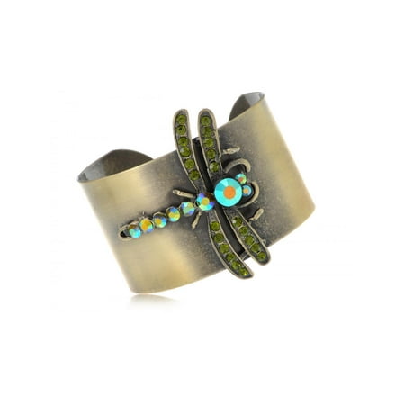 Olivine Austrian Crystal - Bronze Gold Tone Olivine Green Crystal Rhinestone Dragonfly Cuff Bracelet Bangle