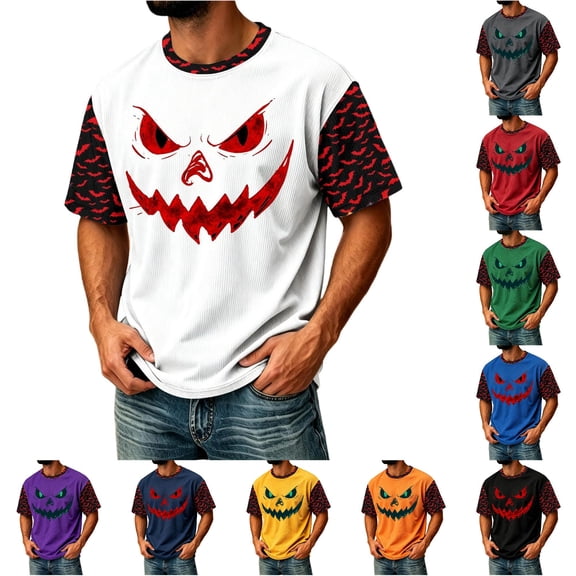 Big and Tall Halloween Tshirt for Men Casual Pumpkin Print Tee for Wear with Short Sleeves and Halloween Graphic Top Men’s T Shirt White XL