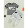 thumbnail image 2 of Suealasg Toddler Boys Summer Clothes 6M 1T 2T 3T 4T Little Boys Short Sleeve Crew Neck Letter Print T-shirt + Long Pants Sets 2pcs Kids Boys Valentines Day Outfits, 2 of 9