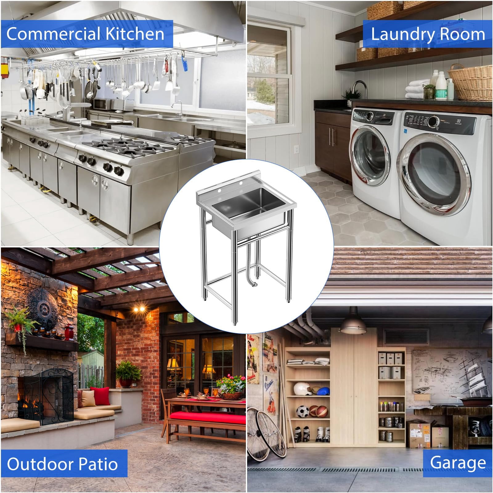 Free Standing Single Bowl Kitchen Sink w/Faucet & Storage Shelve, Utility Sink with Hot & Cold Hoses, NSF Certificated, Stainless Steel Sink for Laundry Room, Backyard, Restaurant