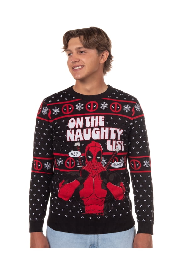 Marvel Deadpool Men's On The Naughty List Ugly Christmas Pullover Crewneck Sweater