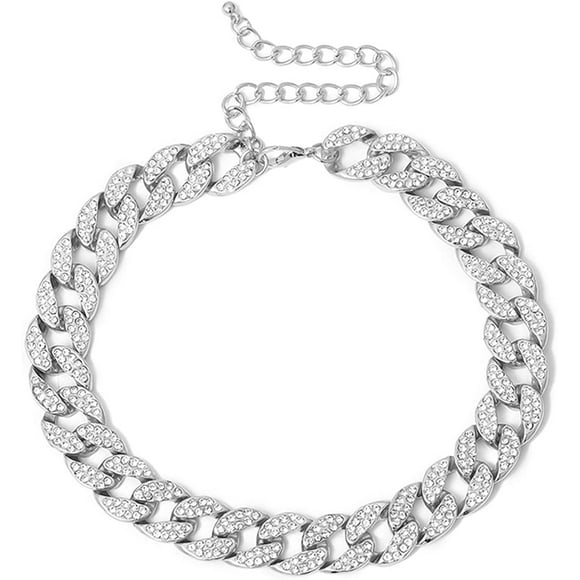 Rhinestone Curb Cuban Link Chain Choker for Women Unisex Cool