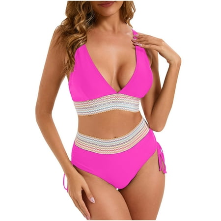 Bigersell Women s High Waisted Bikini Sets  Retro Cheeky Two Piece Swimsuits  Tie Side High Cut Bathing Suits 2 Piece Swimwear for Beach & Pool Pinky XL