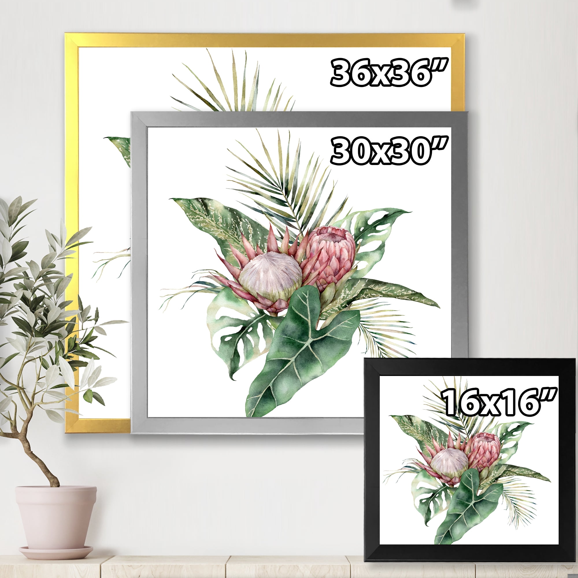Designart 'Queen Proteas Palm & Monstera Leaves' Traditional Framed Art Print