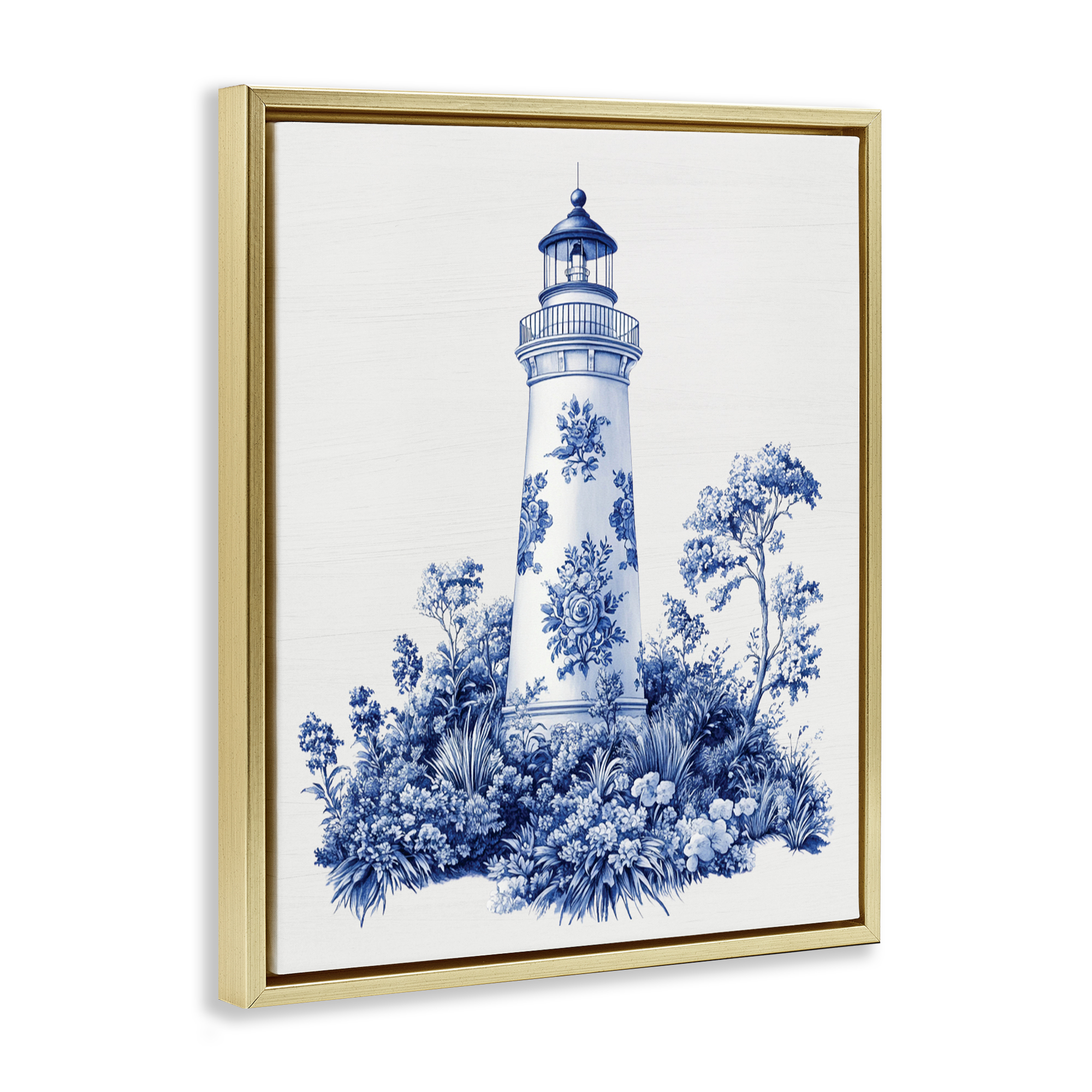 Toile Patterned Lighthouse Gold Framed Floater Canvas Wall Art, design by Lettered and Lined