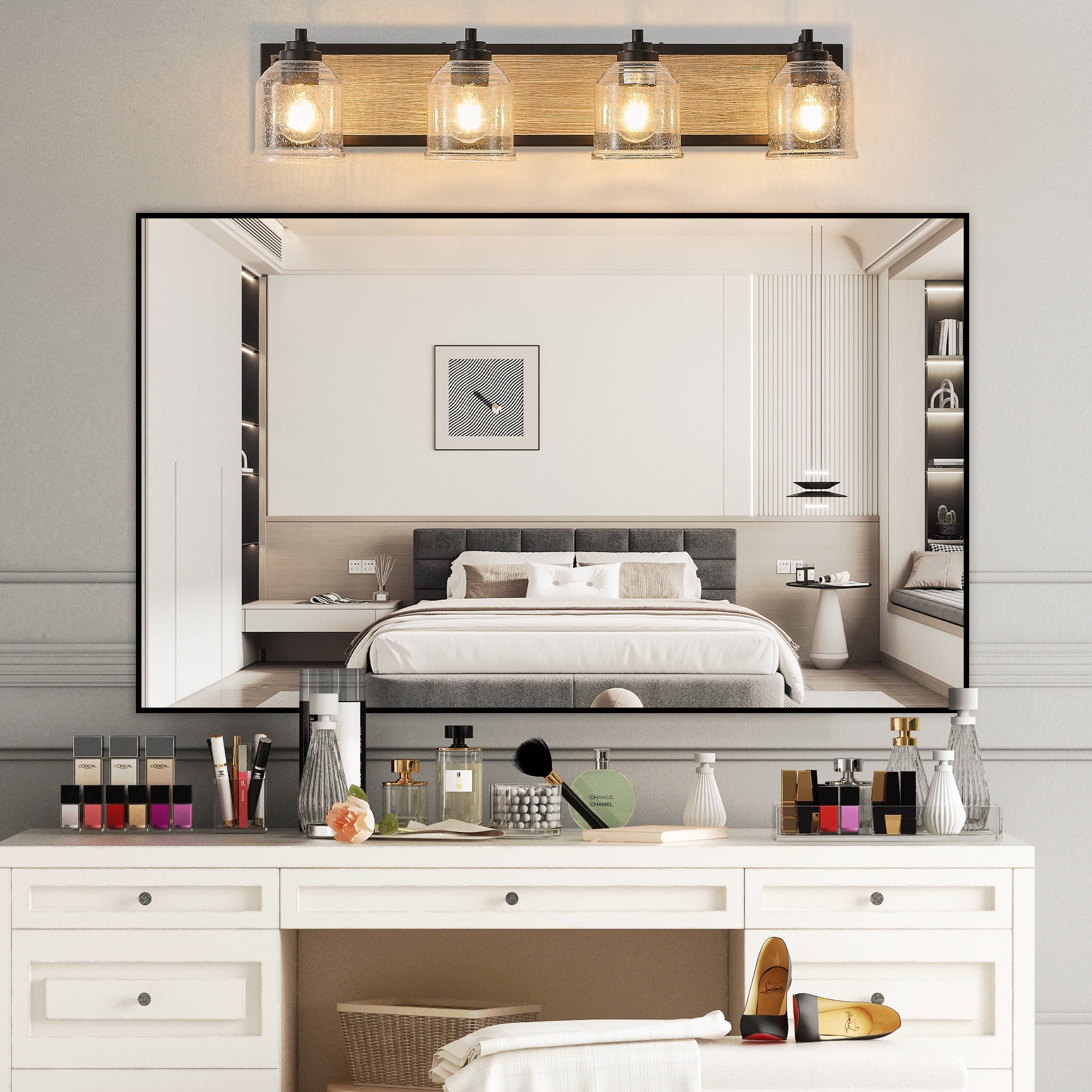 4-Light Farmhouse Bathroom Vanity Light, Brown Metal Vanity Light with Glass Shades,Rustic Wall Sconce Lighting Fixtures Over Mirror for Barhroom,Kitchen 31.5in
