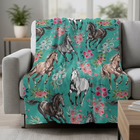 Horses Fleece Throw Blanket Watercolor Black Brown White Horse White Pink Floral Green Ultra Soft Fuzzy Cozy Flannel Throw Blanket for Couch Sofa Bed Car Travel, Ideal Gifts 30x40 Inches