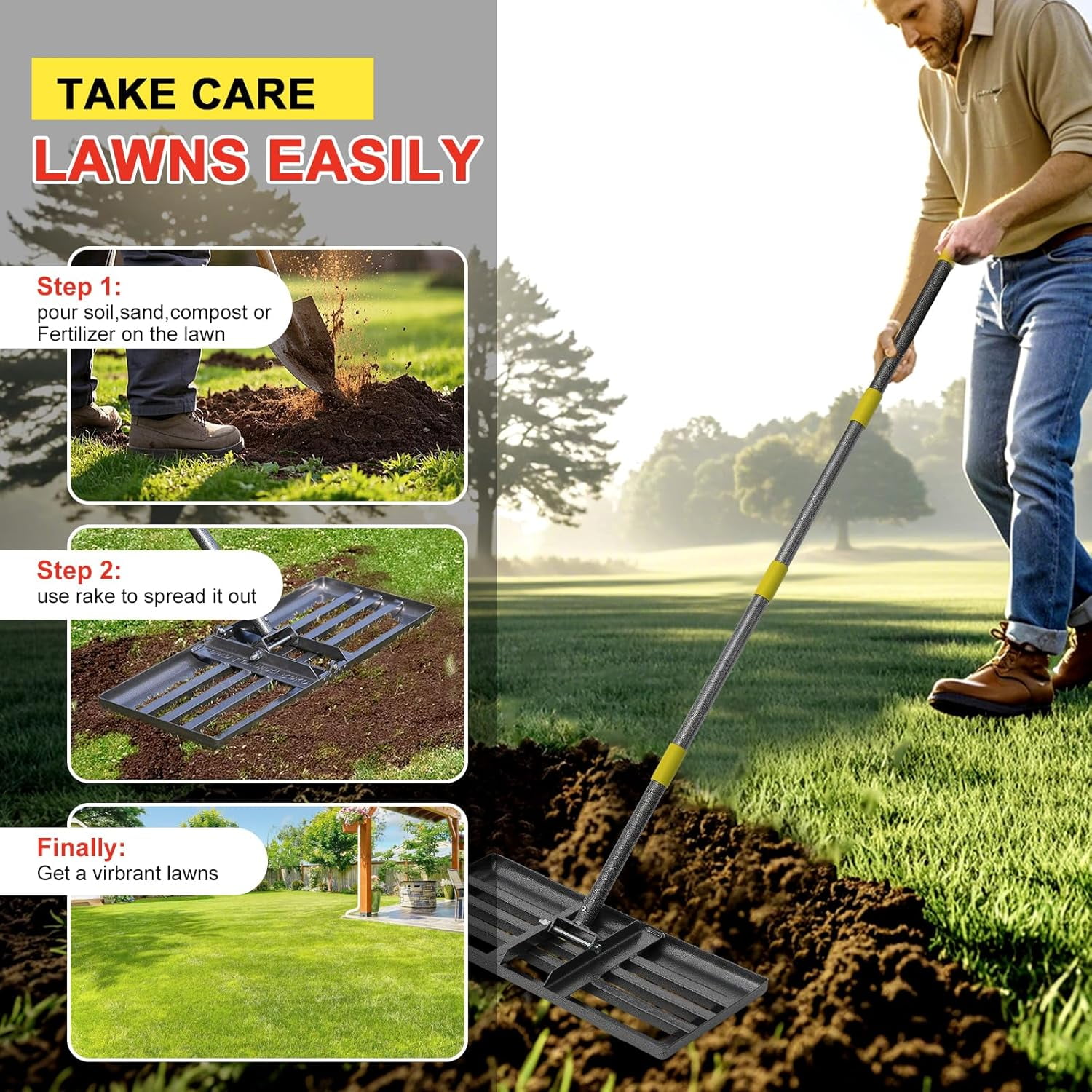 LCOKEIY Lawn Leveling Rake, Level lawn Tool 17" x 10", 5ft Adjustable Long Handle Level Lawn Rake for Soil Grass Golf Field