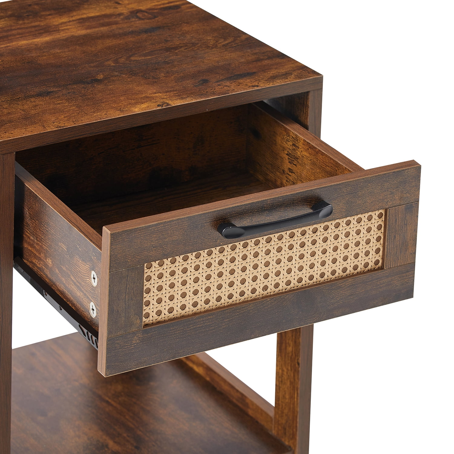 Kepooman 15.75" Rattan Night Table, Versatile Nightstand Bedside Table with a Drawer and Shelf, Modern End Side Table for Bedroom, Rustic Brown
