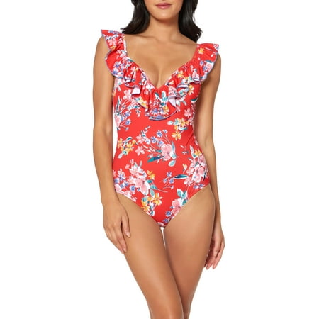 Jessica Simpson Womens Swimsuit Frill Shoulder One Piece