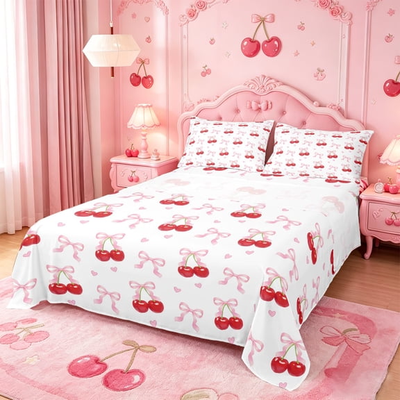 Manfei Cute Cherry Bowknot Bed Sheets For Girls,Dreamy Princess Style King Sheets For Kids,4-Piece