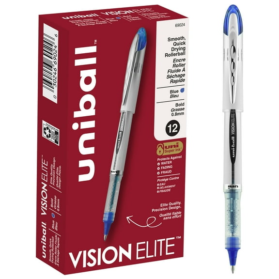 uniball Vision Elite Rollerball Pens, Bold Point (0.8mm), Blue Ink, 12 Count