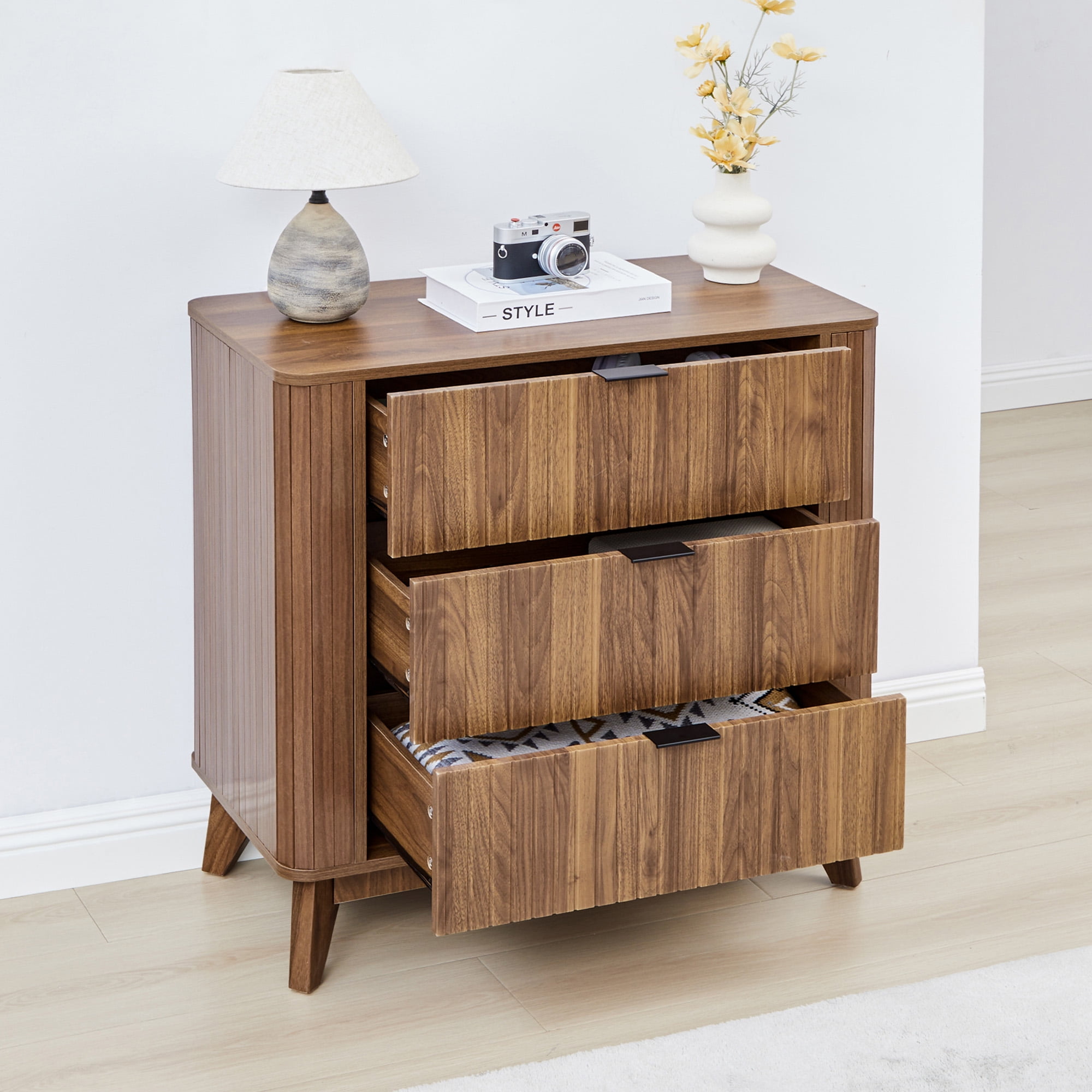 LEFHDA Mid-Century Modern Wood Dresser Set of 2 | Curved Fluted 3-Drawer Chest for Bedroom & Living Room | Walnut Storage Cabinet with Anti-Tipping Safety
