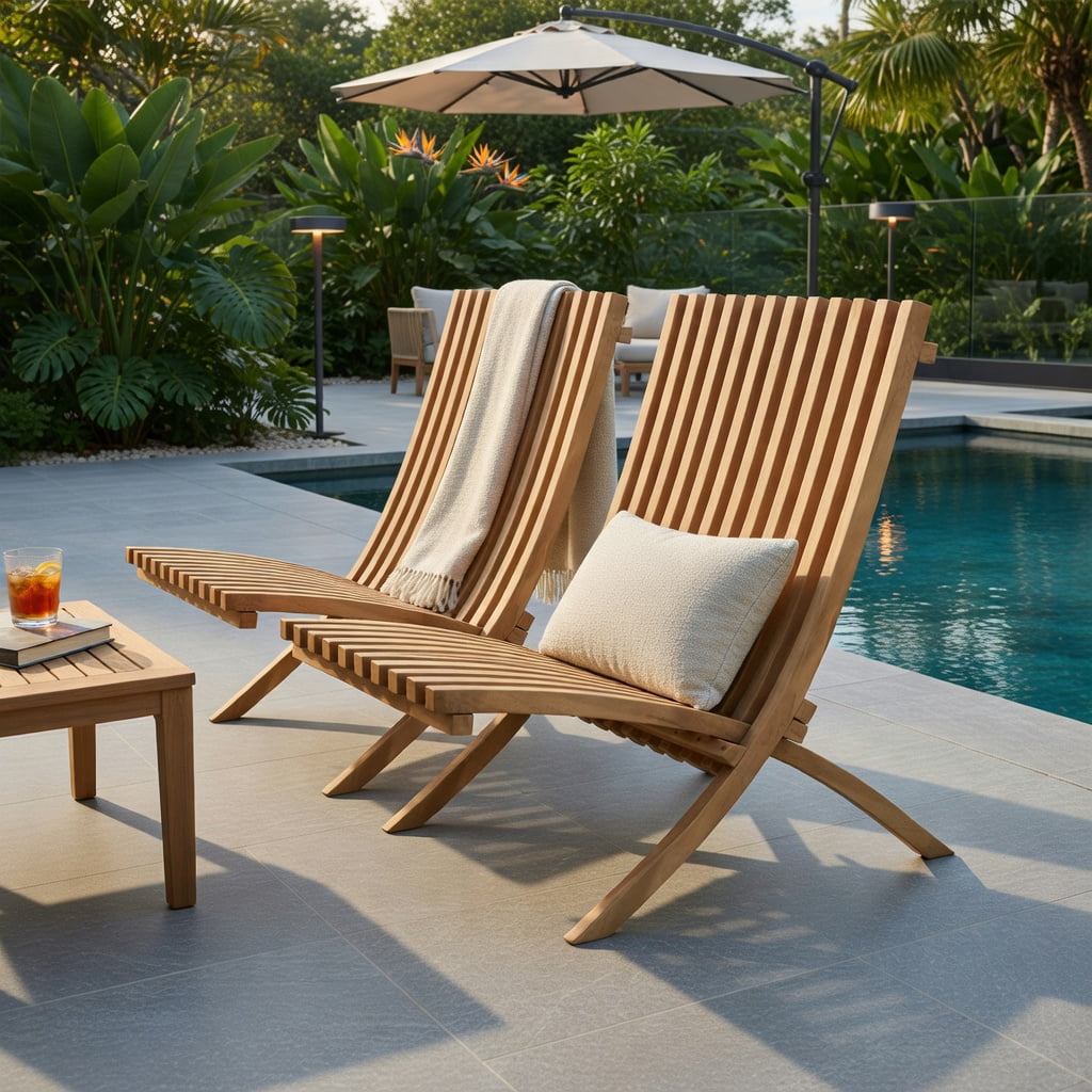Hommoo Folding Teak Wood Outdoor Lounge Chair, Ergonomic Slatted Design, Compact Foldable for Patio, Backyard & Fire Pit Use, Natural