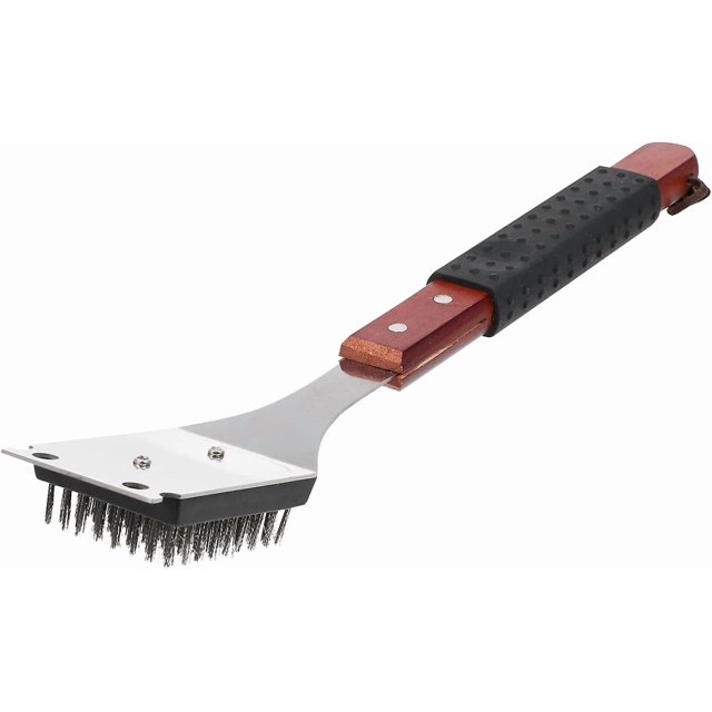 BBQ Grill Cleaning Brush and Scraper Wooden Handle Stainless Steel Barbecue Grill Cleaner Barbecue Brush Spatula for Outdoor Grilling Accessories Dark