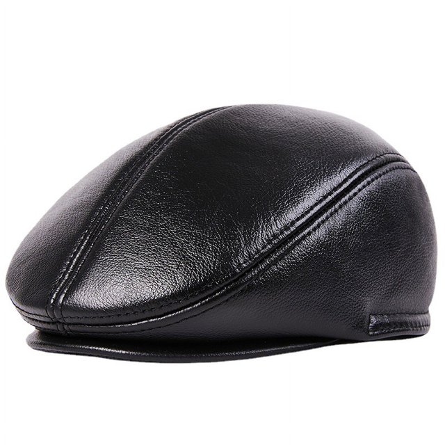 Gorros Planos De Invierno Boina Hombres Sombrero De Pico De Pato Cálido Negro Ivy Orejeras Masculinas Cuero Genuino Más Grueso Gorra De Conducción Clásica Sólida (Negro Tamaño: XL(57-58cm))