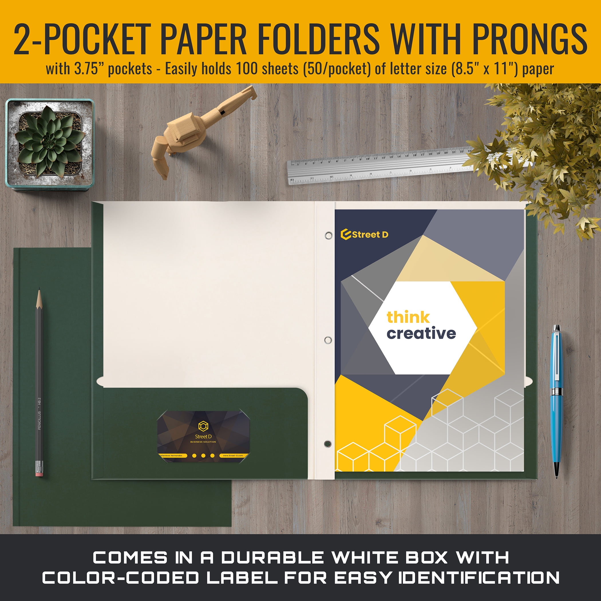 Dark Green Paper 2 Pocket Folders with Prongs, 50 Pack, by Better Office Products, Matte Texture, Letter Size Paper Folders, 50 Pack, with 3 Metal Prong Fastener Clips, Dark Green