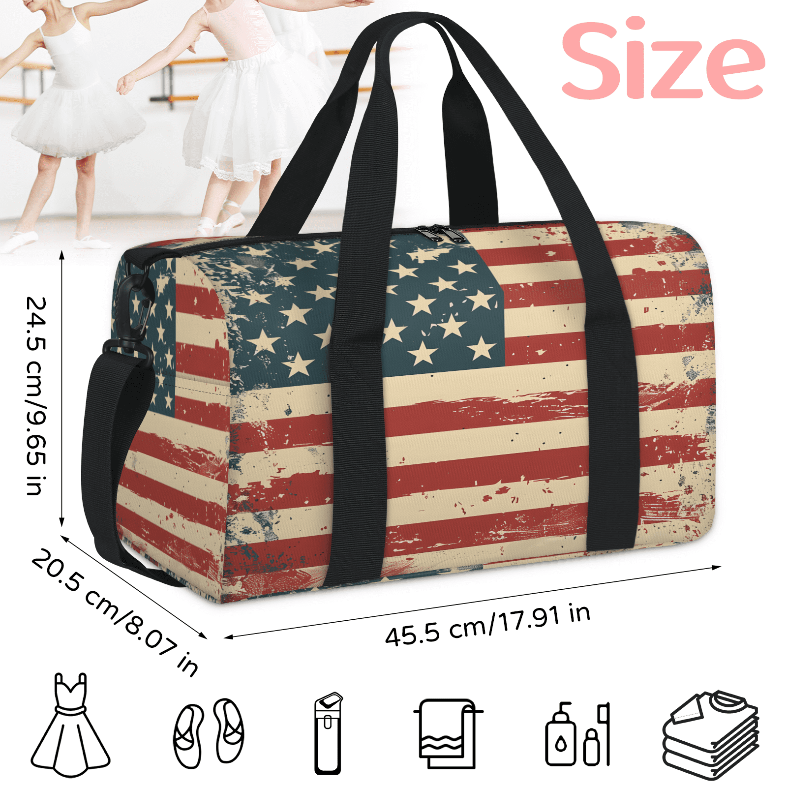 Herdesigns Vintage American Flag Travel Duffle Bag Sports Yoga Weekender Overnight Carry on Workout Bags Lightweight Waterproof Gym Tote Bag for Women 4th of July