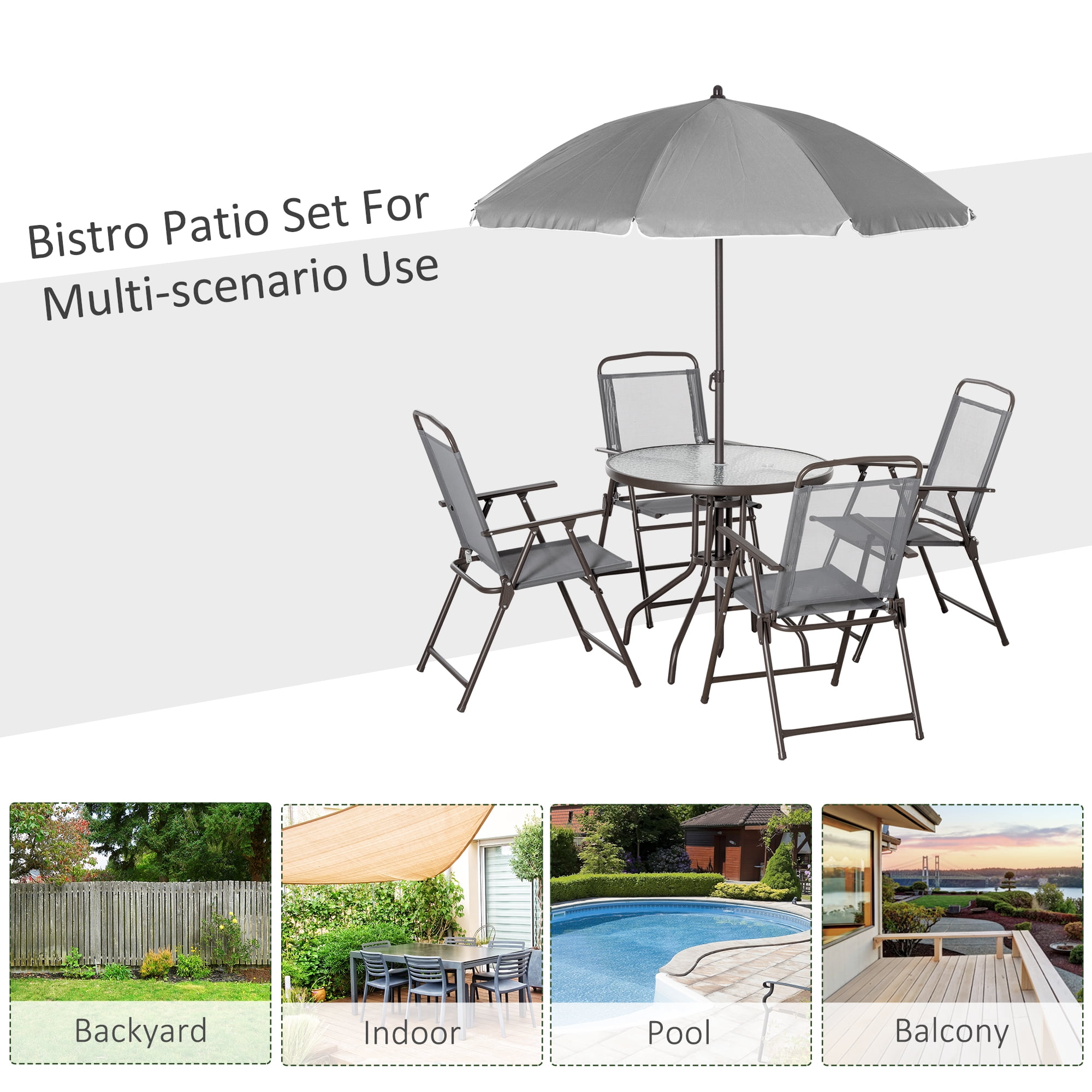 6 Piece Patio Furniture Set with Umbrella,Outdoor Patio Dining Set with 4 Folding Chairs and Tempered Glass Dining Table for Garden, Backyard,Gray