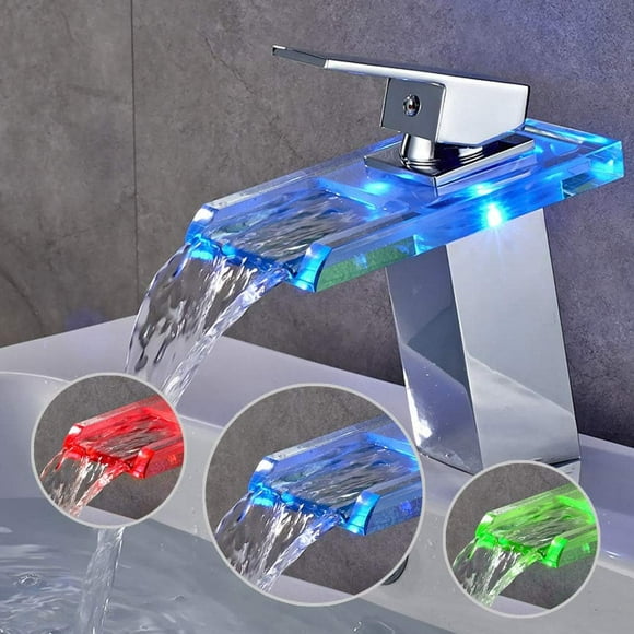 LED Bathroom Faucet for Waterfall Glass Spout, Temperature Sensitive LED Single Hole Vanity Sink Faucet with Brushed Nickel and Water-efficient Design for Luxurious Bathrooms